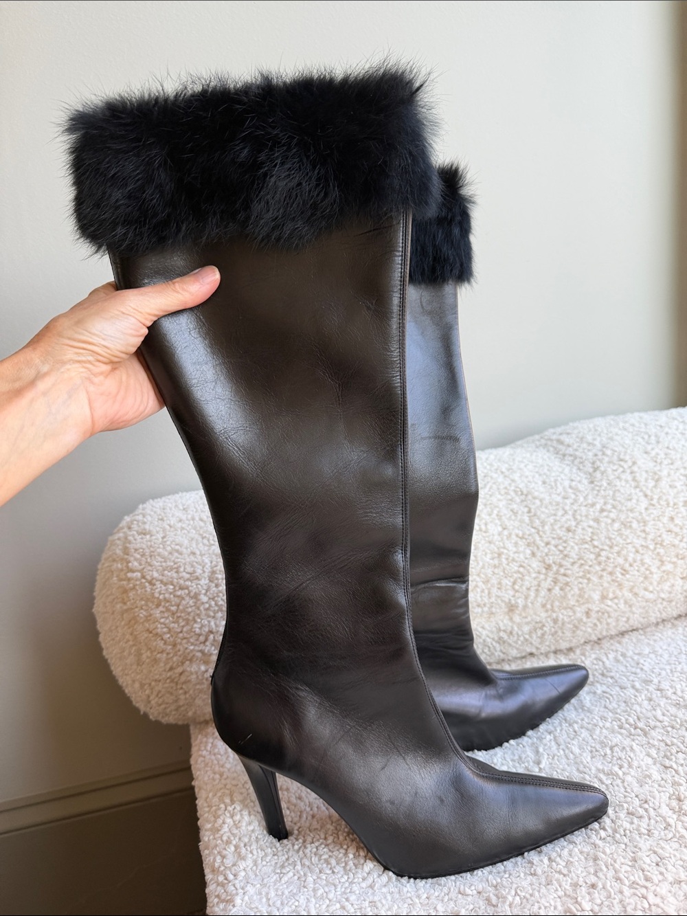 Valerie Stevens Black Leather Knee Boots with Fur Cuff. NWOT